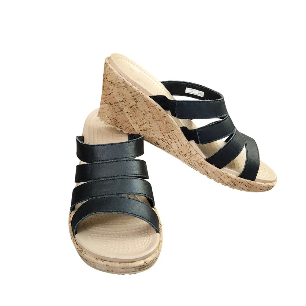 Crocs A-Leigh Leather Slide Wedge Black Tan Cork Sandals Womens 9 Beach Comfort